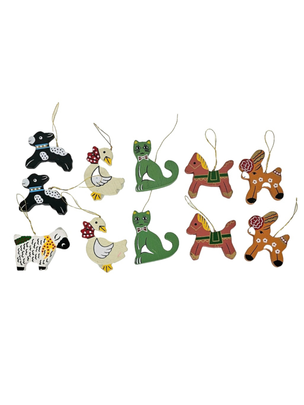 Vtg Wood Christmas Ornaments Lot 11 Hand Painted Animals Kitsch Cottagecore 80s